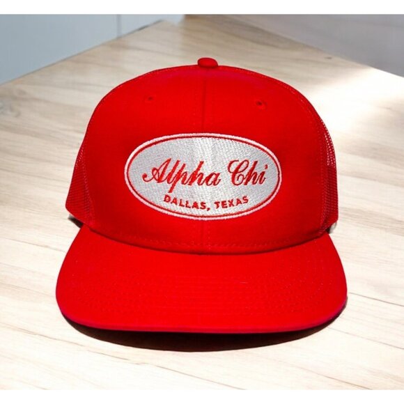 Alpha Chi Dallas Texas Retro Otto Red Mesh Trucker Hat - Adjustable Snapback Cap - Picture 1 of 5